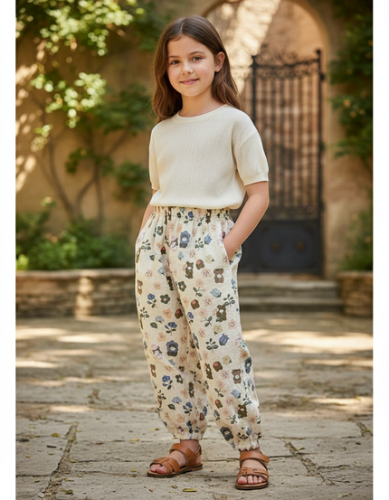 Pantalon En Lin Écru Imprimé Oursons Fleuri Ample
