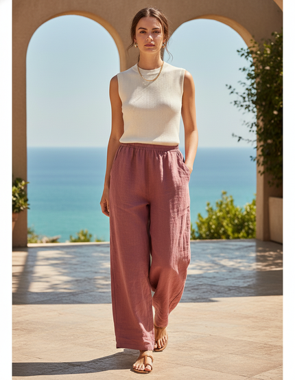 Pantalon En Lin Rose Ample Femme Décontracté Fluide