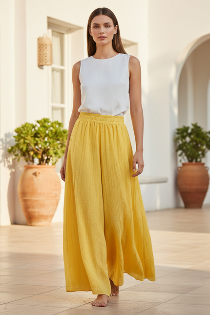 Pantalon En Lin Jaune Ample Fluide Décontracté