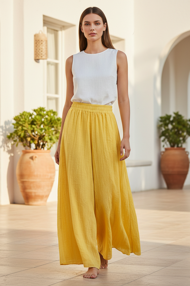 Pantalon En Lin Jaune Ample Fluide Décontracté