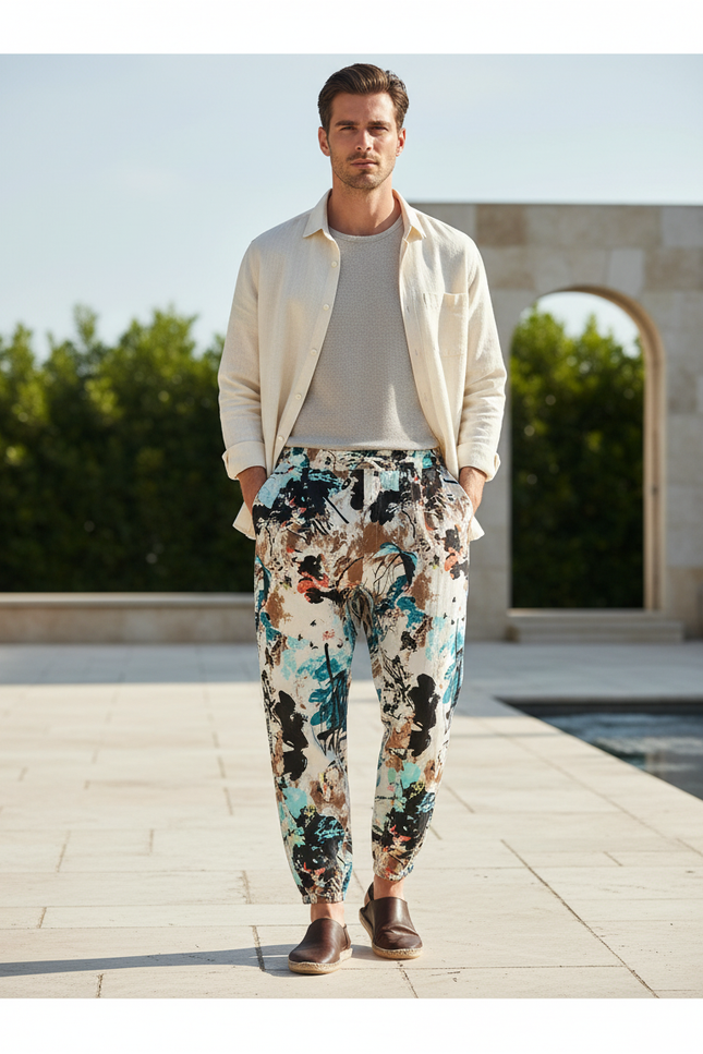 Pantalon En Lin Imprimé Abstrait Fluide Homme Décontracté