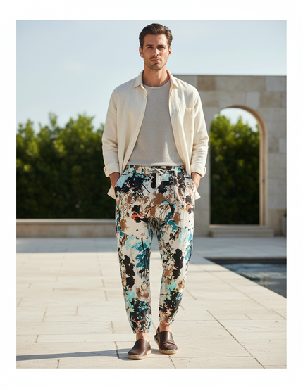 Pantalon En Lin Imprimé Abstrait Fluide Homme Décontracté