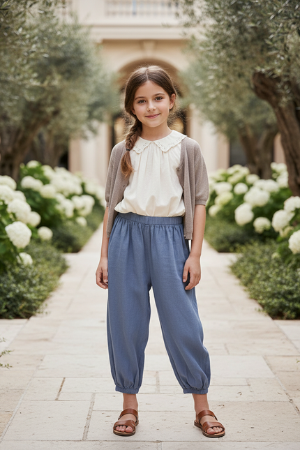 Pantalon En Lin Bleu Ample Confortable Enfant