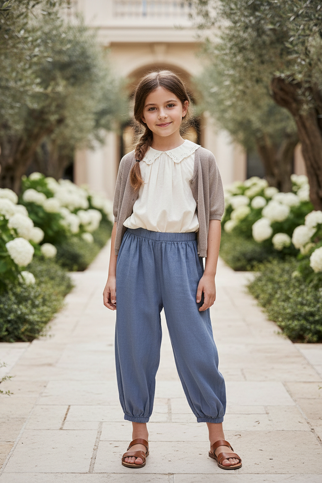 Pantalon En Lin Bleu Ample Confortable Enfant