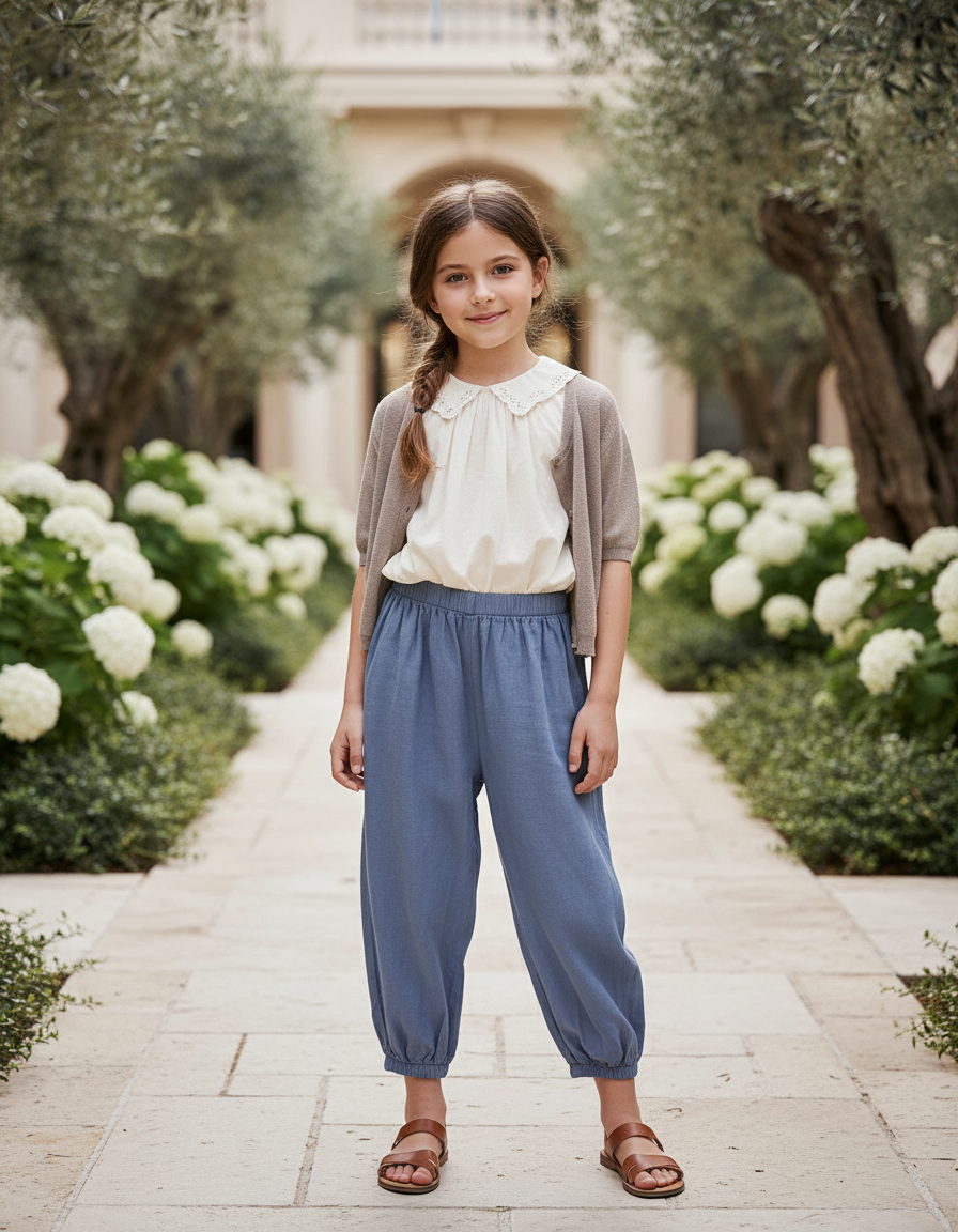 Pantalon En Lin Bleu Ample Confortable Enfant