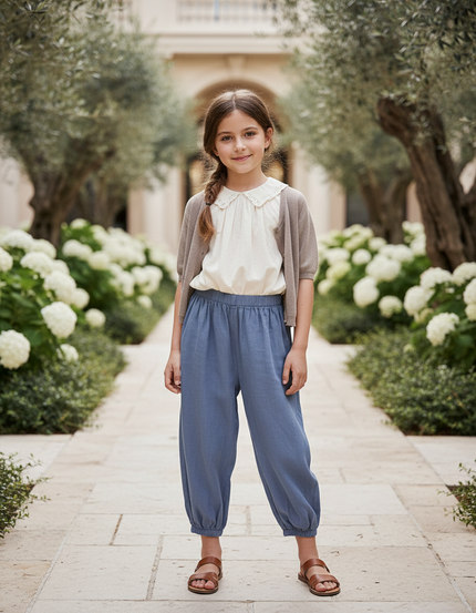 Pantalon En Lin Bleu Ample Confortable Enfant