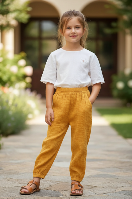 Pantalon En Lin Harem Jaune Ample Coton Respirant