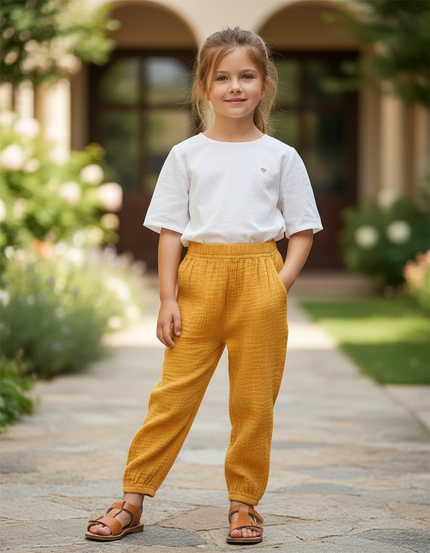 Pantalon En Lin Harem Jaune Ample Coton Respirant