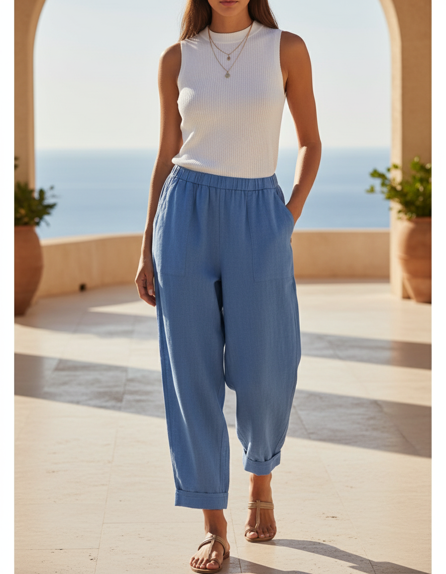 Pantalon En Lin Ample Bleu Décontracté Fluide