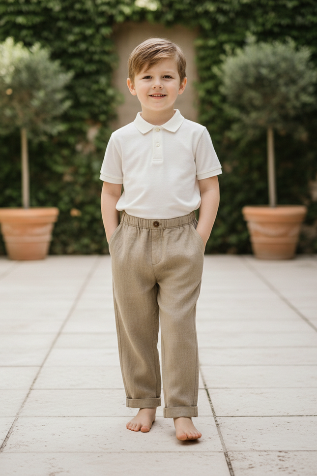 Pantalon En Lin Beige Droit Ample Enfant Décontracté