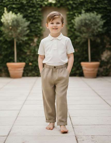 Pantalon En Lin Beige Droit Ample Enfant Décontracté