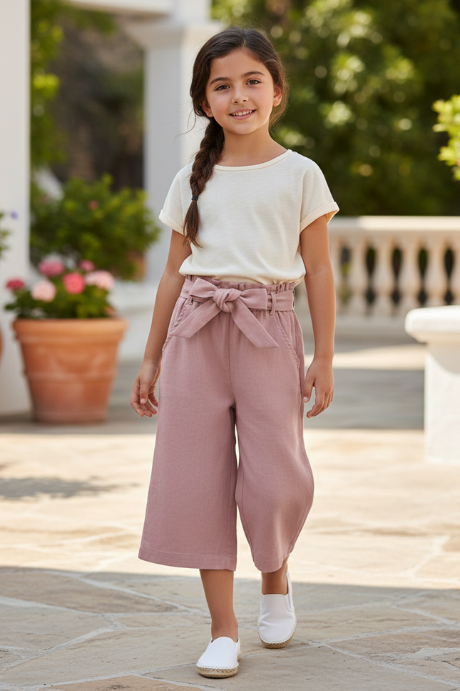 Pantalon En Lin Rose Ample Taille Haute Enfant