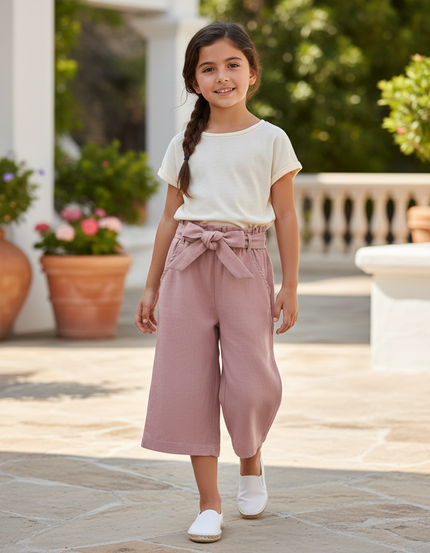 Pantalon En Lin Rose Ample Taille Haute Enfant