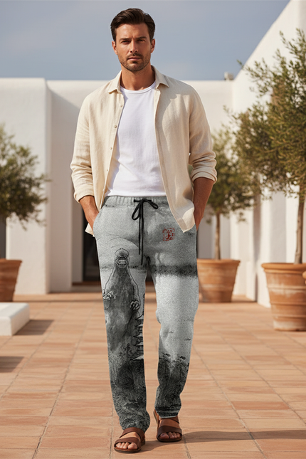 Pantalon En Lin Gris Imprimé Godzilla Ample Décontracté Homme - Molleton