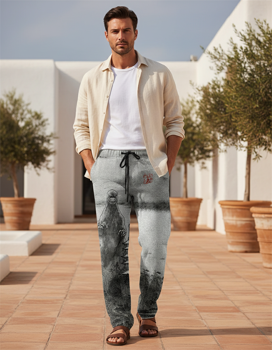 Pantalon En Lin Gris Imprimé Godzilla Ample Décontracté Homme - Molleton