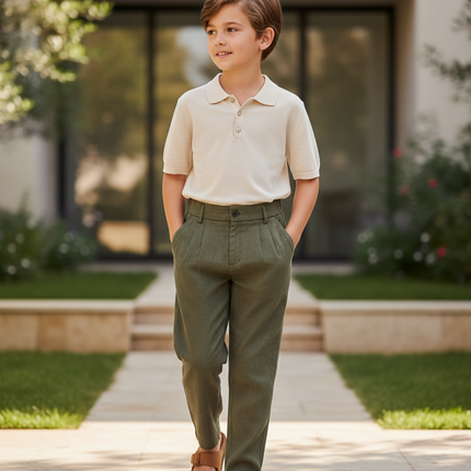 Pantalon En Lin Vert Olive Plissé Décontracté Garçon - Kaki