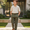 Pantalon En Lin Vert Olive Plissé Décontracté Garçon - Kaki