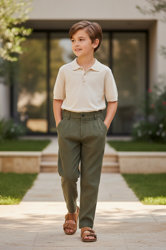 Pantalon En Lin Vert Olive Plissé Décontracté Garçon - Kaki