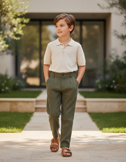 Pantalon En Lin Vert Olive Plissé Décontracté Garçon - Kaki