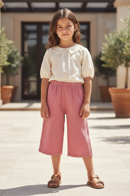 Pantalon En Lin Rose Plissé Ample Culotte Fille