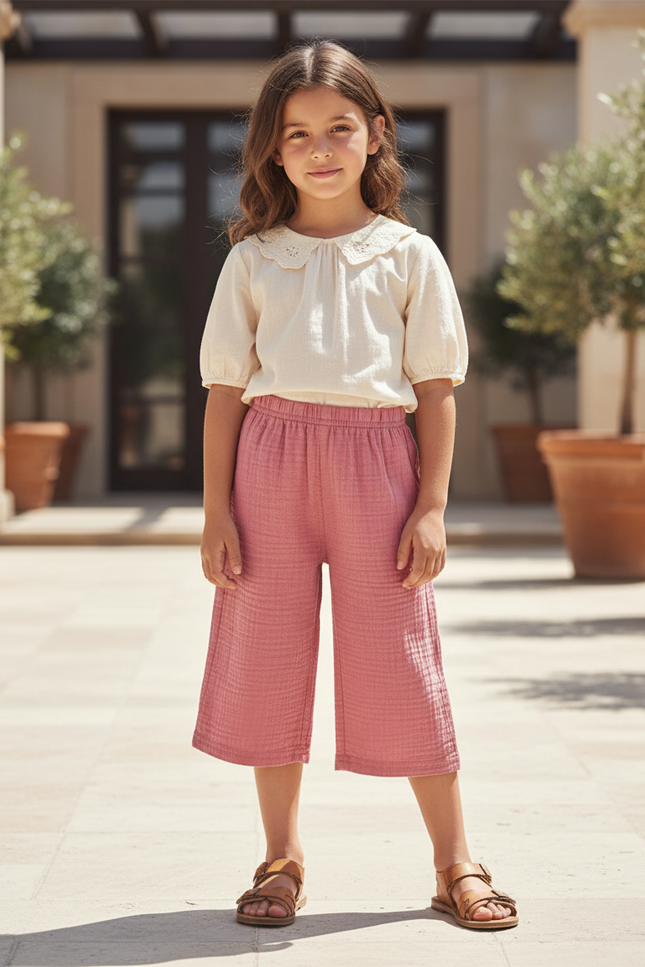 Pantalon En Lin Rose Plissé Ample Culotte Fille