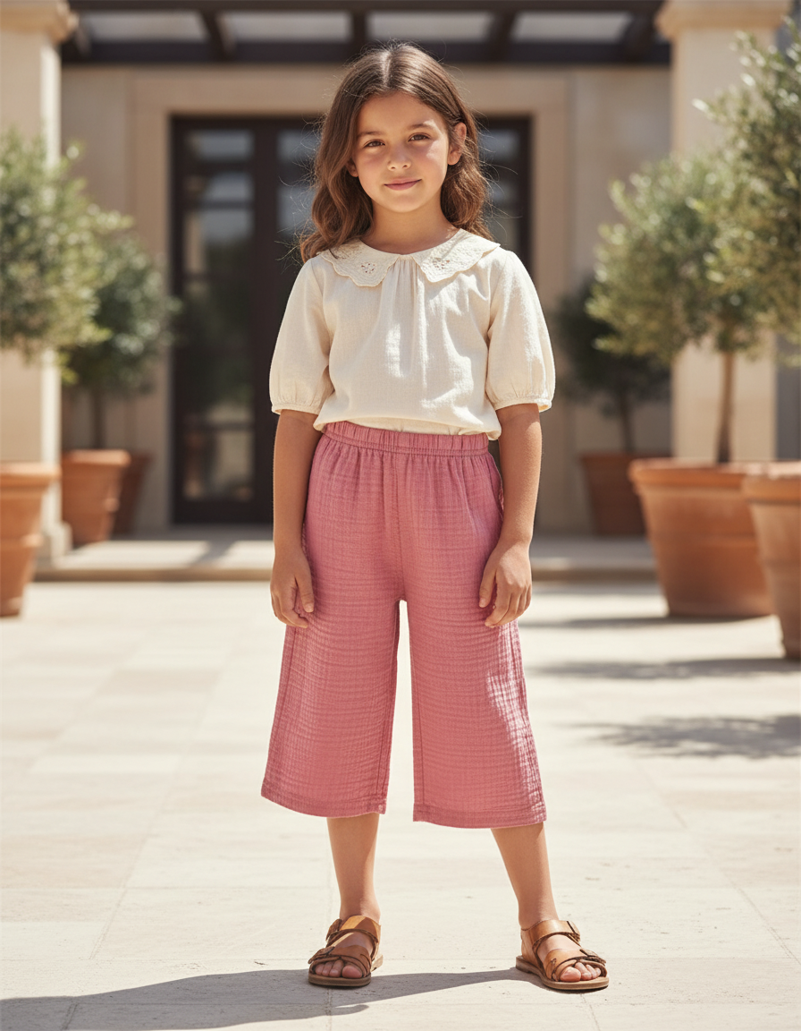 Pantalon En Lin Rose Plissé Ample Culotte Fille