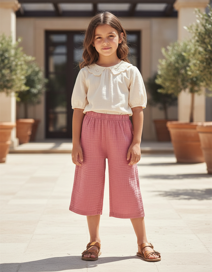 Pantalon En Lin Rose Plissé Ample Culotte Fille