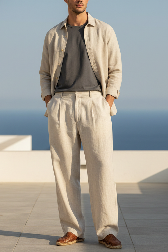Pantalon En Lin Homme Beige Ample Droit Élégant