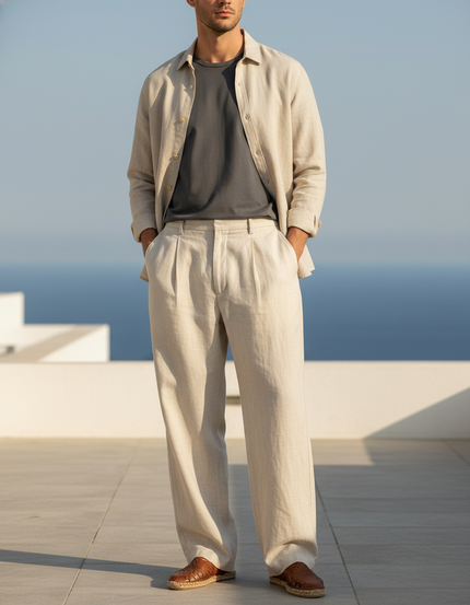 Pantalon En Lin Homme Beige Ample Droit Élégant