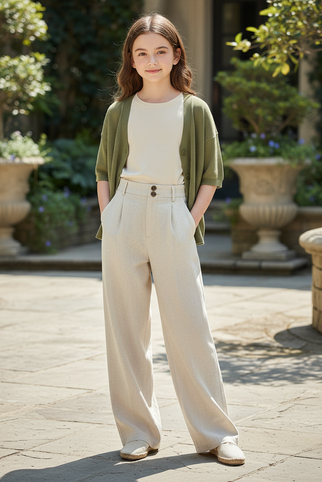 Pantalon En Lin Beige Ample Droit Élégant Enfant