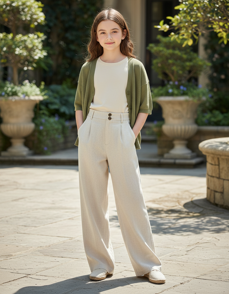 Pantalon En Lin Beige Ample Droit Élégant Enfant
