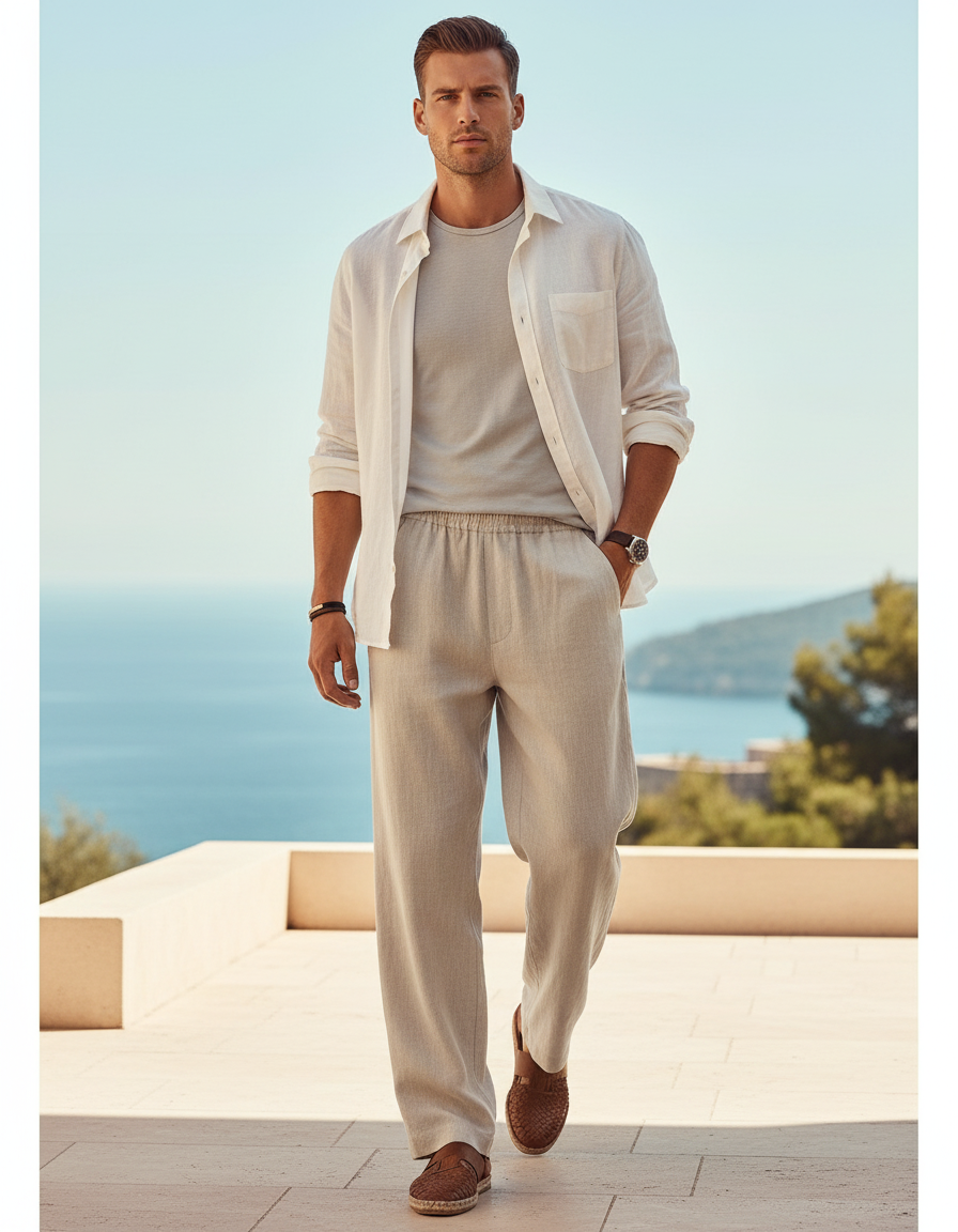 Pantalon En Lin Beige Ample Droit Homme Élégant