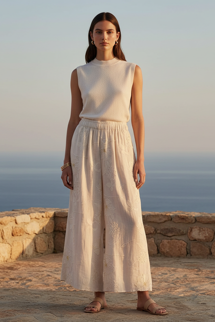Pantalon En Lin Écru Brodé Ample Fluide Décontracté - Beige