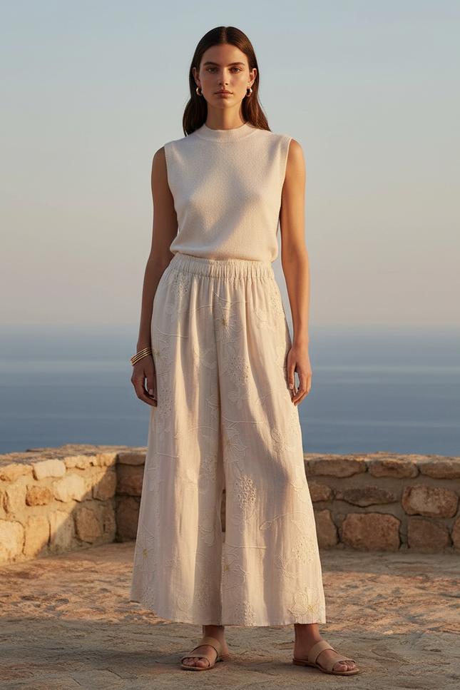 Pantalon En Lin Écru Brodé Ample Fluide Décontracté - Beige