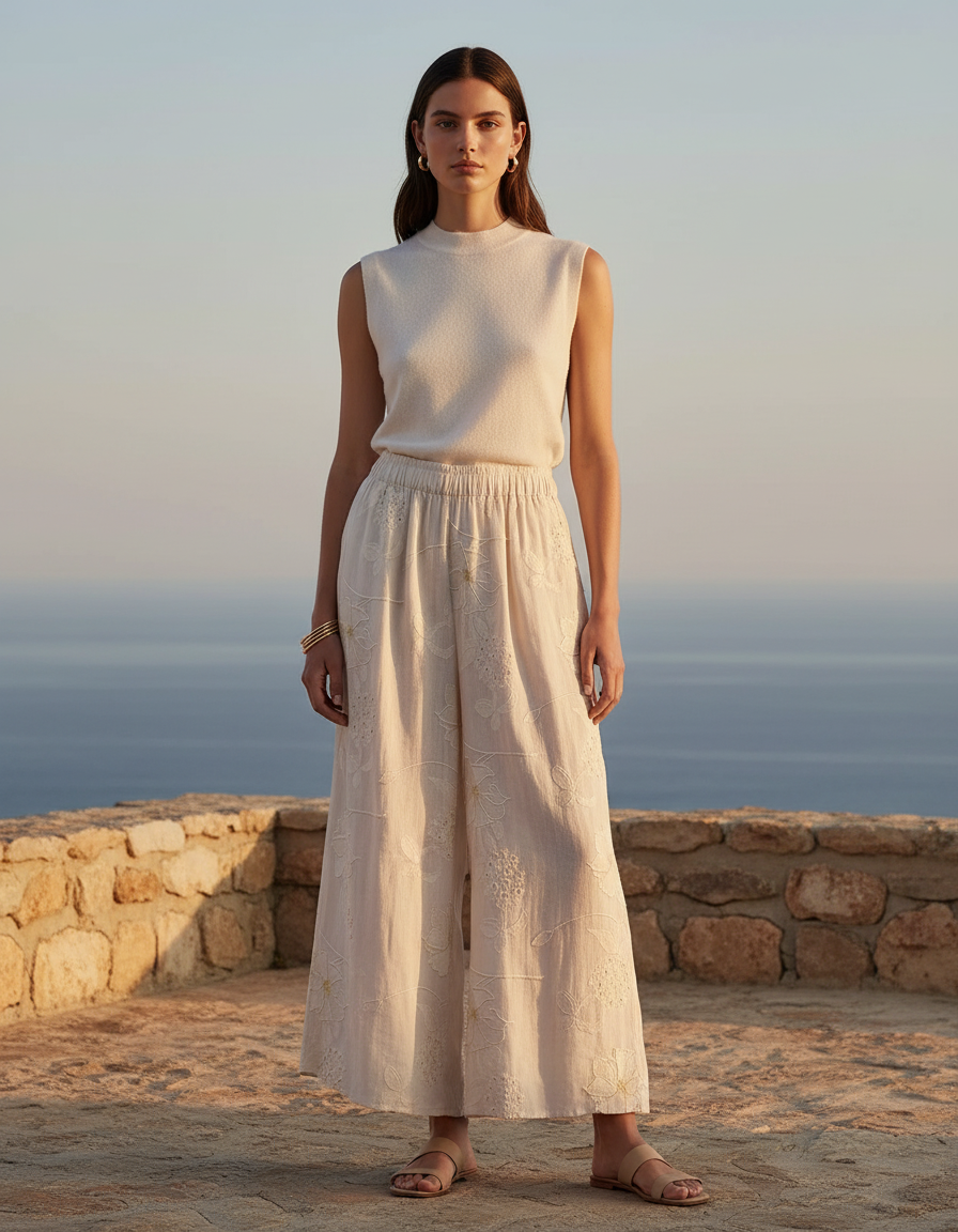 Pantalon En Lin Écru Brodé Ample Fluide Décontracté - Beige