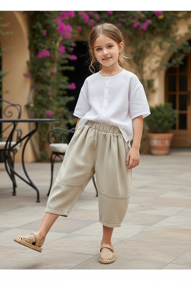 Pantalon En Lin Enfant Ample Décontracté Beige