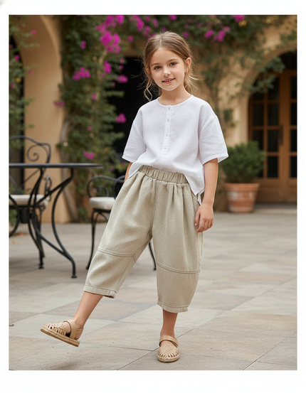 Pantalon En Lin Enfant Ample Décontracté Beige