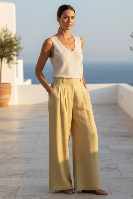 Pantalon En Lin Jaune Plissé Ample Décontracté Fluide