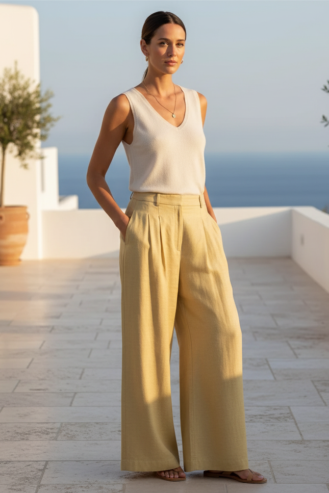Pantalon En Lin Jaune Plissé Ample Décontracté Fluide