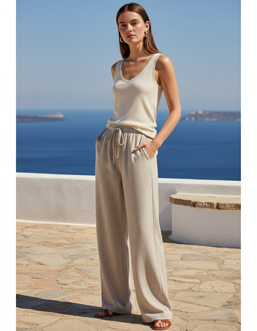 Pantalon En Lin Gris Clair Large Décontracté Fluide - Molleton