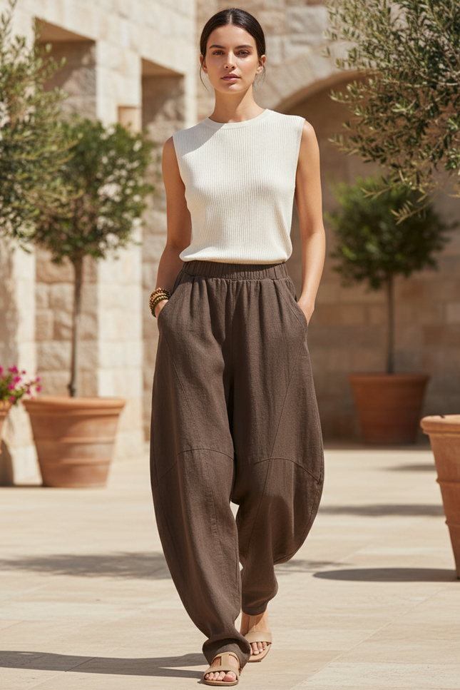Pantalon En Lin Marron Ample Coupe Harem Décontracté Fluide