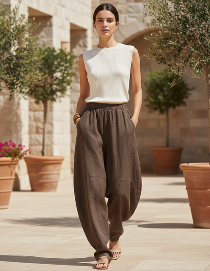 Pantalon En Lin Marron Ample Coupe Harem Décontracté Fluide