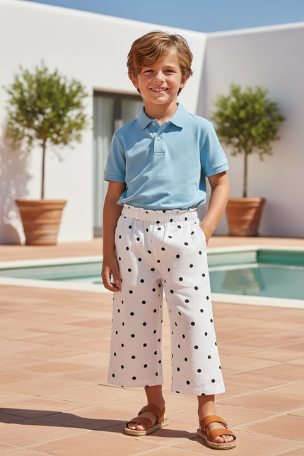 Pantalon En Lin Enfant Blanc À Pois Ample Décontracté