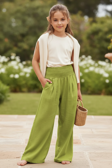 Pantalon En Lin Vert Ample Plissé Confortable Fille