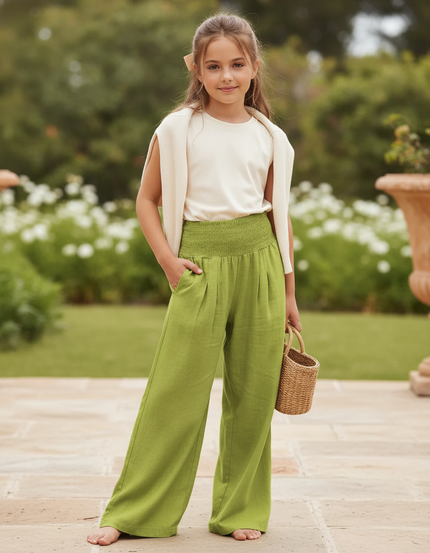 Pantalon En Lin Vert Ample Plissé Confortable Fille