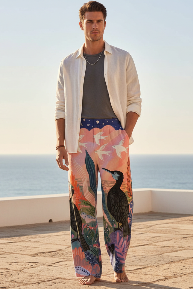 Pantalon En Lin Ample Imprimé Oiseaux Multicolore Estival