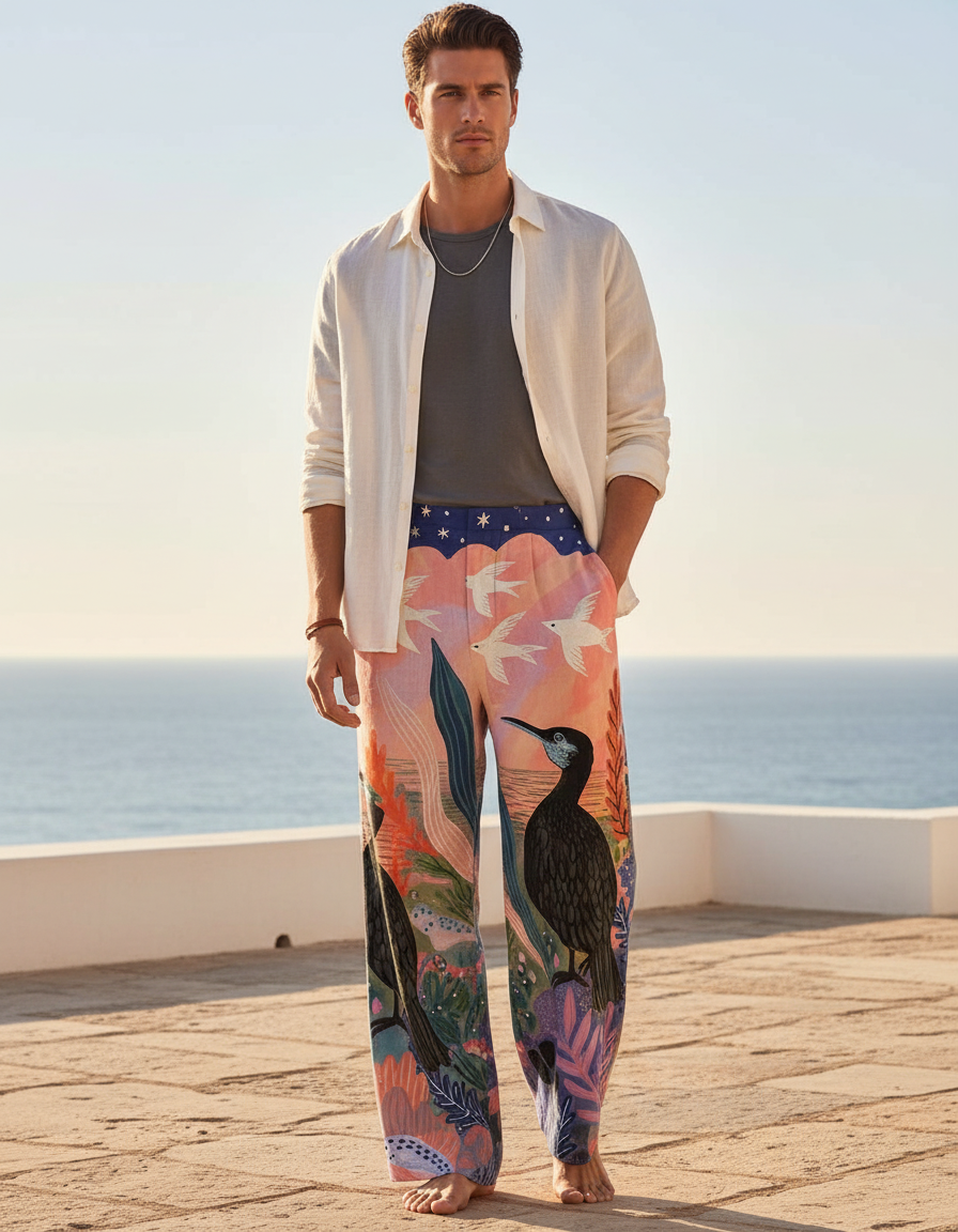 Pantalon En Lin Ample Imprimé Oiseaux Multicolore Estival