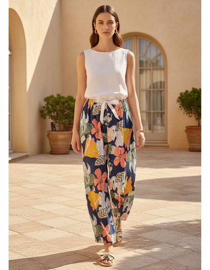 Pantalon En Lin Fleuri Ample Estival Femme - Multicolore