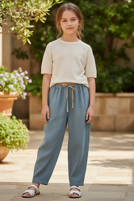 Pantalon En Lin Bleu Ample Taille Élastique Décontracté Fluide