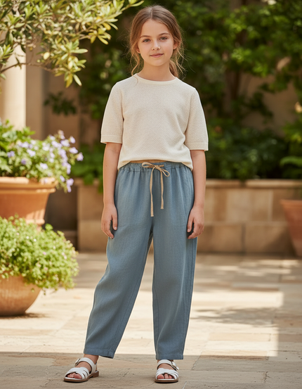 Pantalon En Lin Bleu Ample Taille Élastique Décontracté Fluide